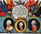 Titel mit zentralem Schild und drei (Königs-) Portraits